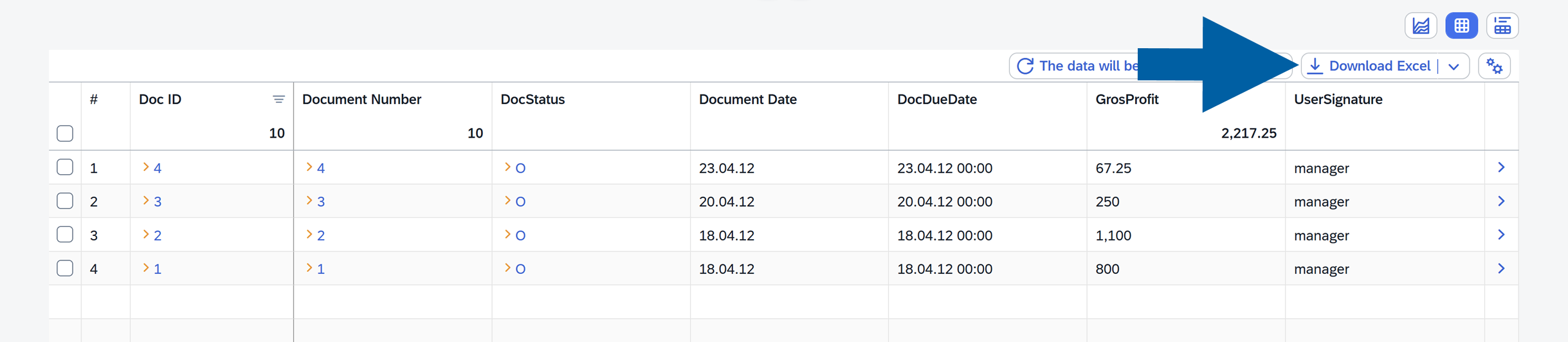 screen showng how to download the table report
