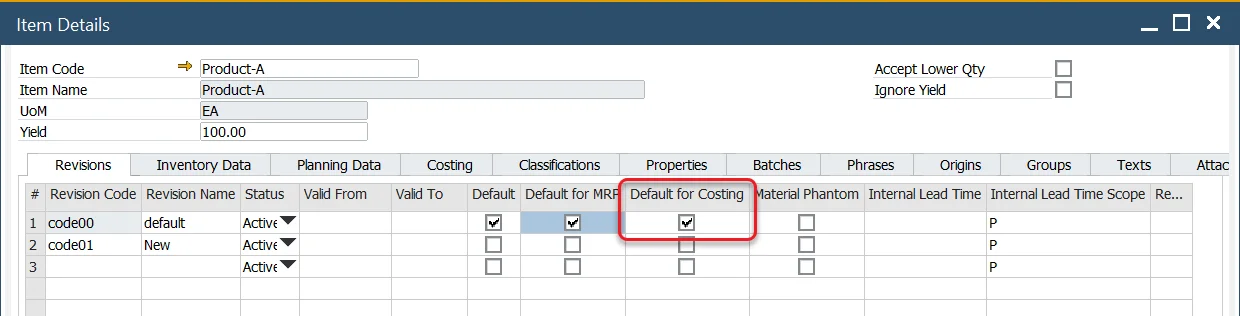 Default for Costing