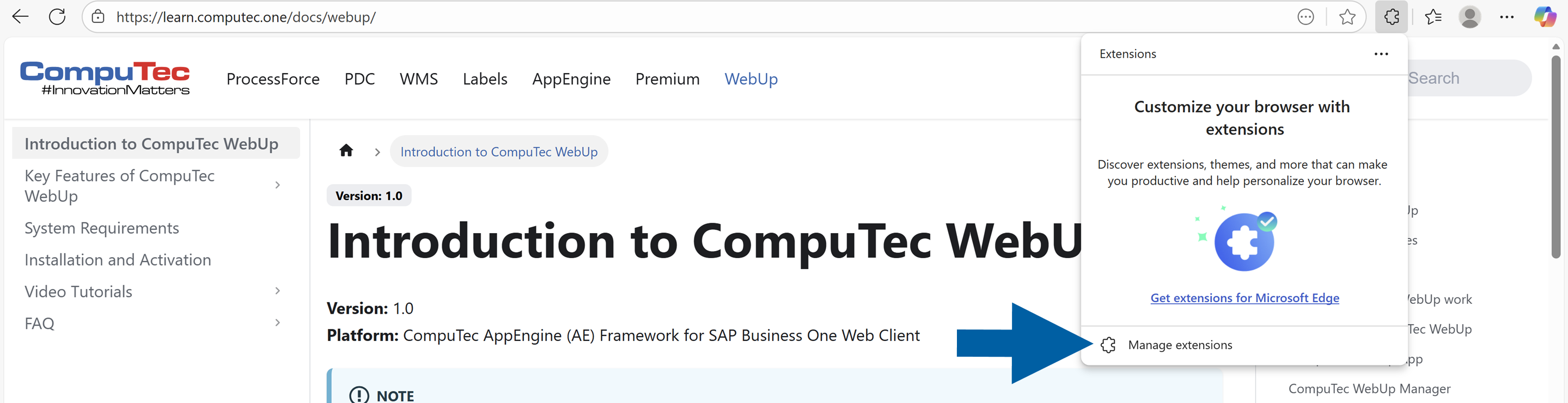 A help screen showing where to find extensions manager when installing the CompuTec webup extension in Microsoft Edge browser