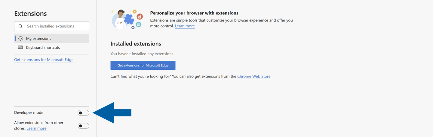 A help screen showing where to find dev mode when installing the CompuTec webup extension in Microsoft Edge browser