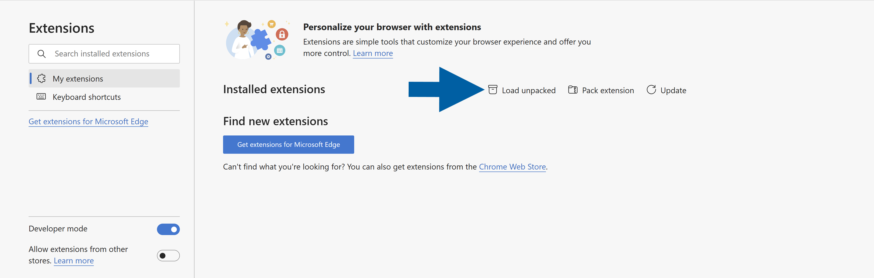 A help screen showing how to unpack files when installing the CompuTec webup extension in Microsoft Edge browser