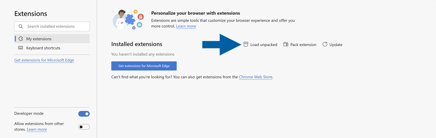 A help screen showing how to unpack files when installing the CompuTec webup extension in Microsoft Edge browser