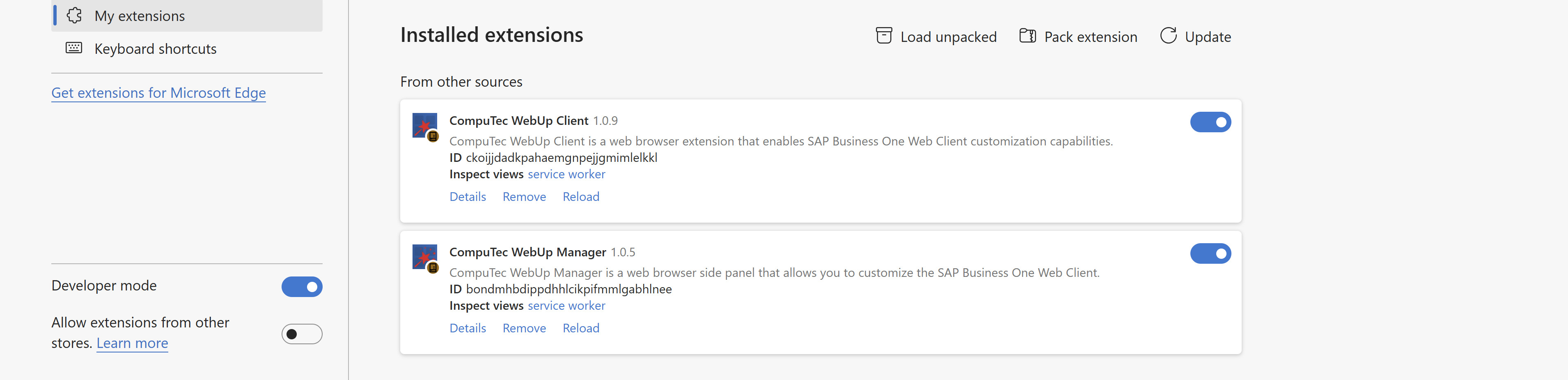 A help screen showing installed CompuTec webup extensions in Microsoft Edge browser