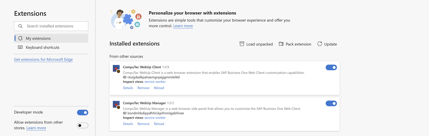 A help screen showing installed CompuTec webup extensions in Microsoft Edge browser