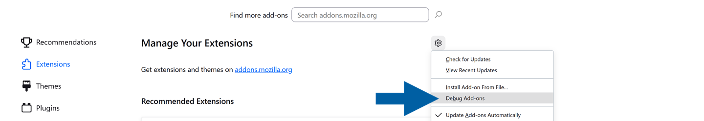 A help screen showing where to find debug section when installing the CompuTec webup extension in Firefox browser