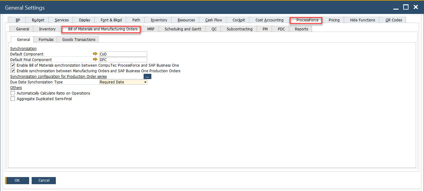 Bill of Materials and Manufacturing Orders tab