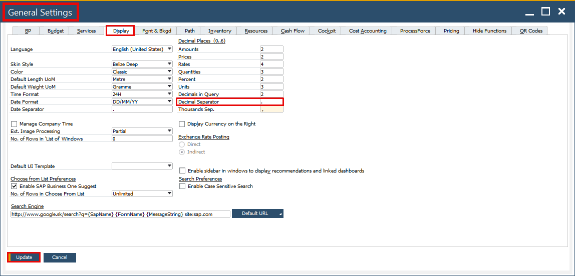 SAP Business One Settings