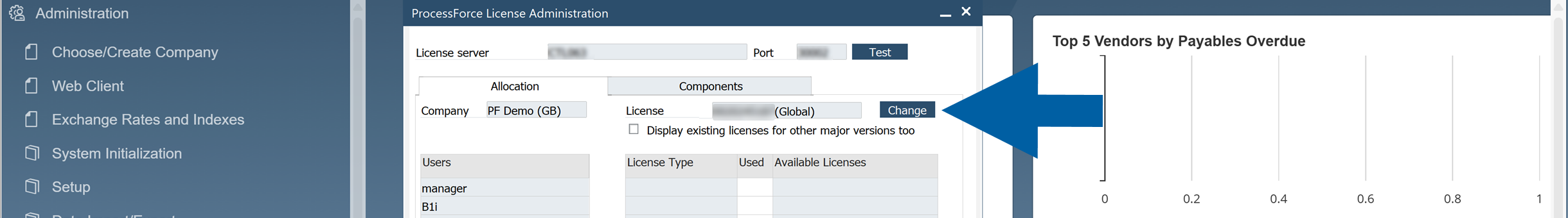 ProcessForce License Administration dialog in SAP Business One showing a highlighted Change button next to the selected company license, with license server and port fields visible in the application window