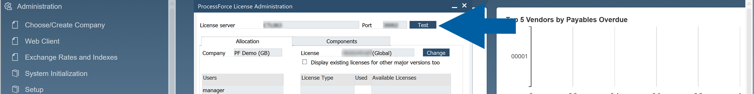 SAP Business One ProcessForce License Administration window with a blue arrow pointing to the Test button. The dialog includes fields for license server and port and buttons around the license administration section.