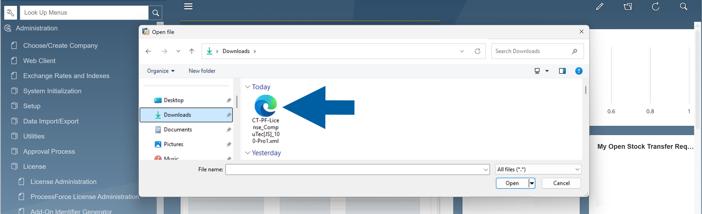 SAP Business One file open dialog showing the Downloads folder with a highlighted license file and a large blue arrow pointing to it in the wider Windows file browser environment over the SAP Business One application