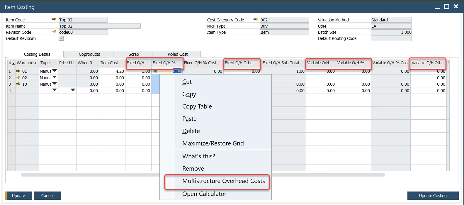 Item Costing Overhead