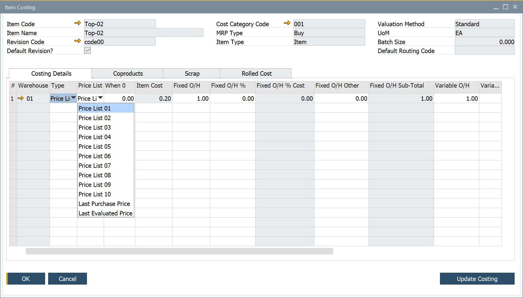 Item Costing Price List