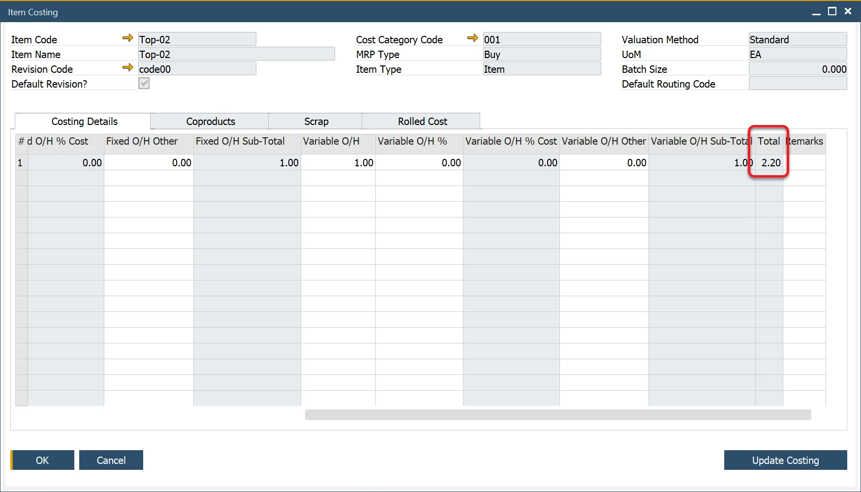 Item costing Total