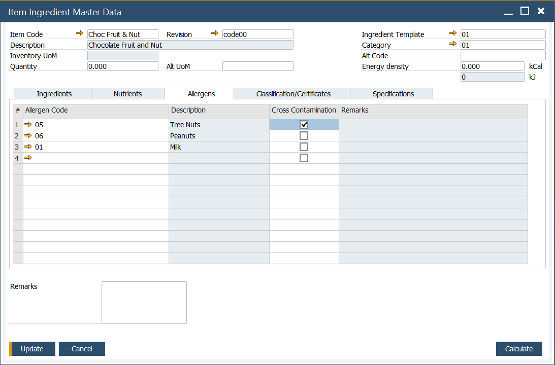 Item Ingredient Master Data - Allergens