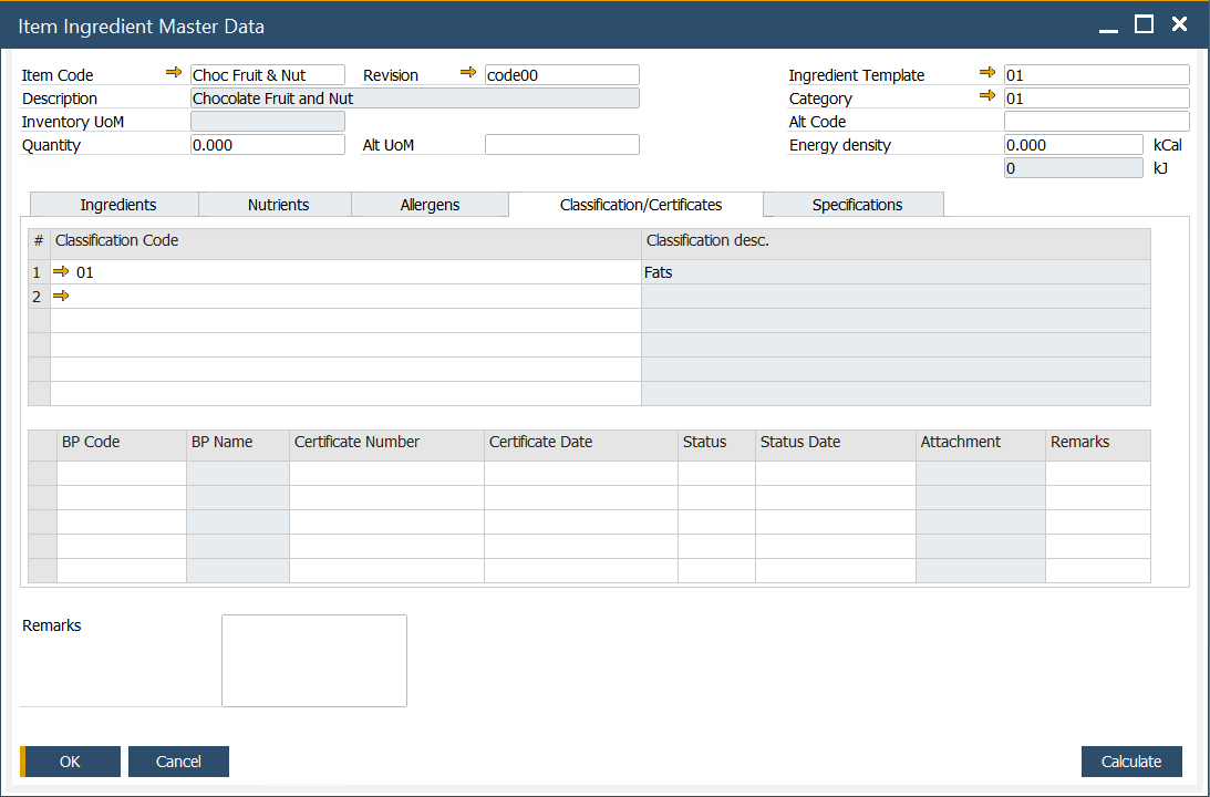 Item Ingredient Master Data - Classification