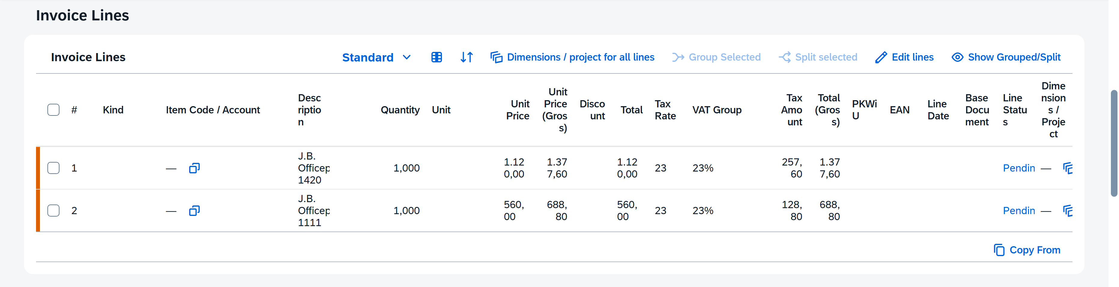 Invoice Lines section showing incoming invoice line details