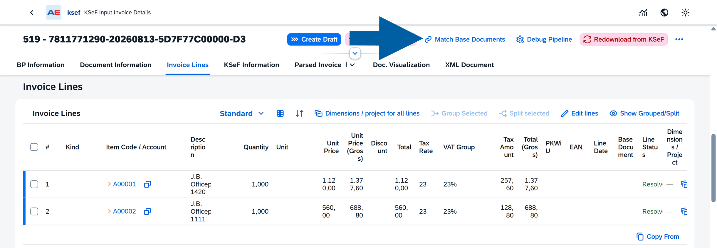 Incoming invoice page with the Match Base Documents button