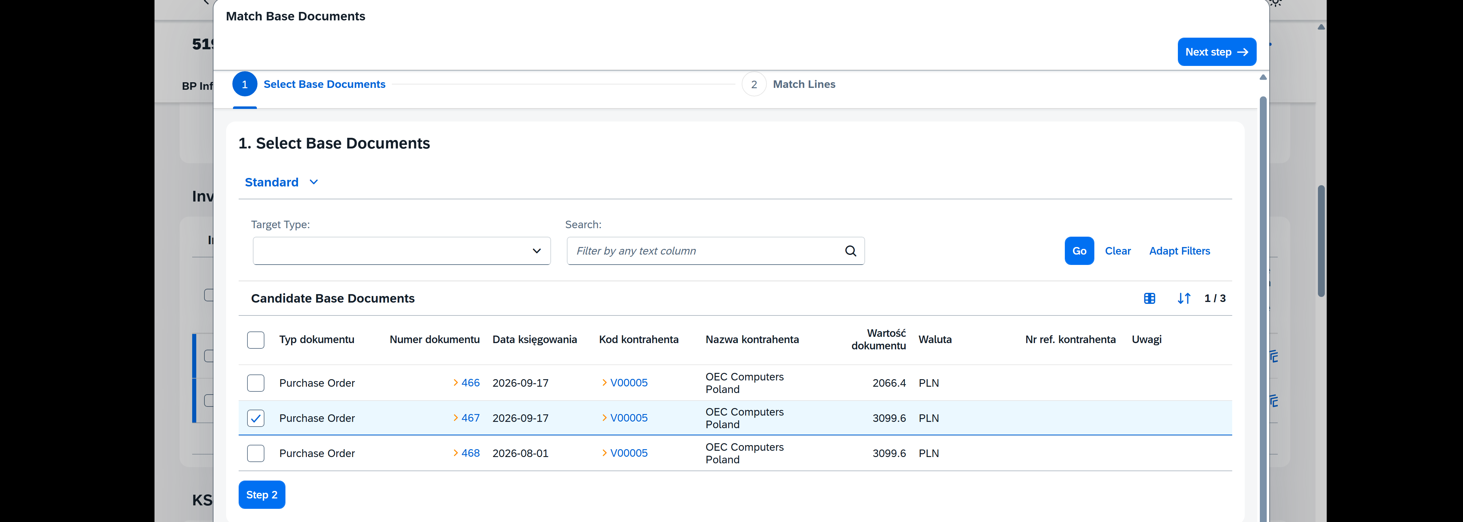 Select Base Documents dialog showing candidate SAP Business One documents