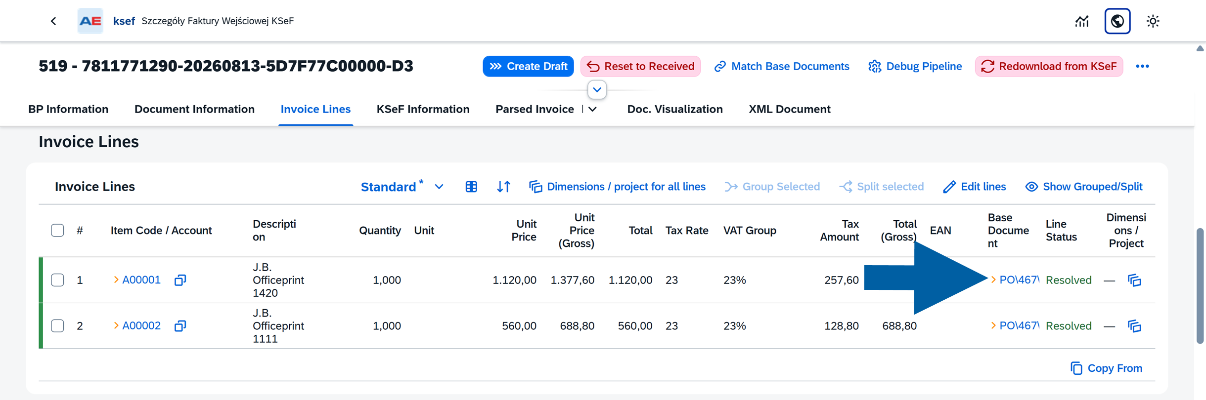 Invoice Lines section showing matched base documents