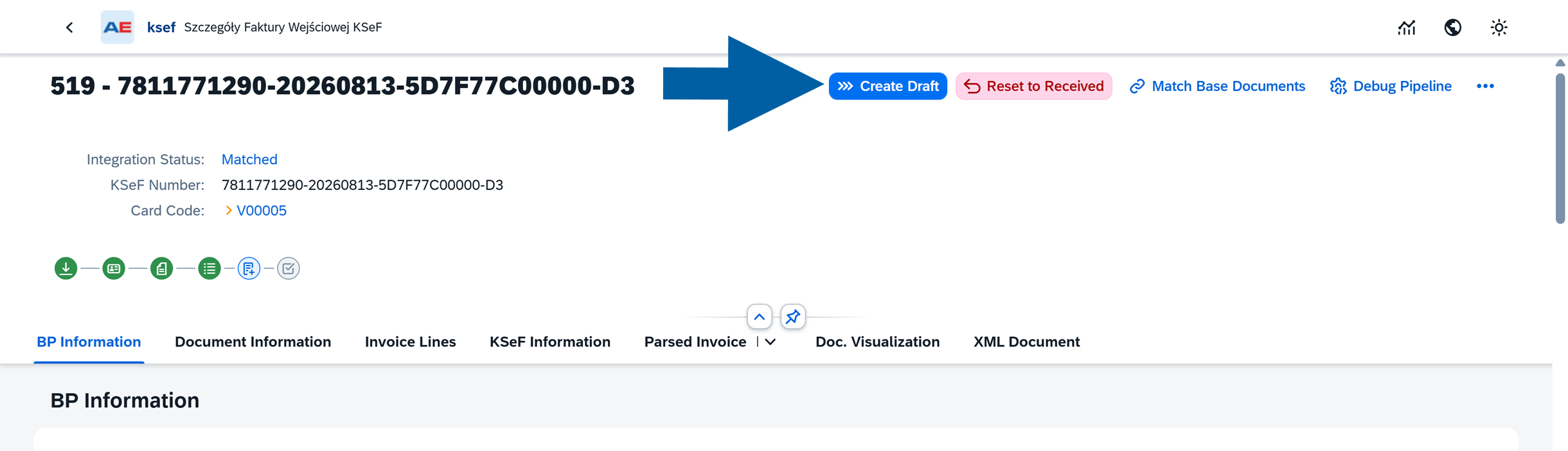 Incoming invoice screen with the Create Draft button highlighted
