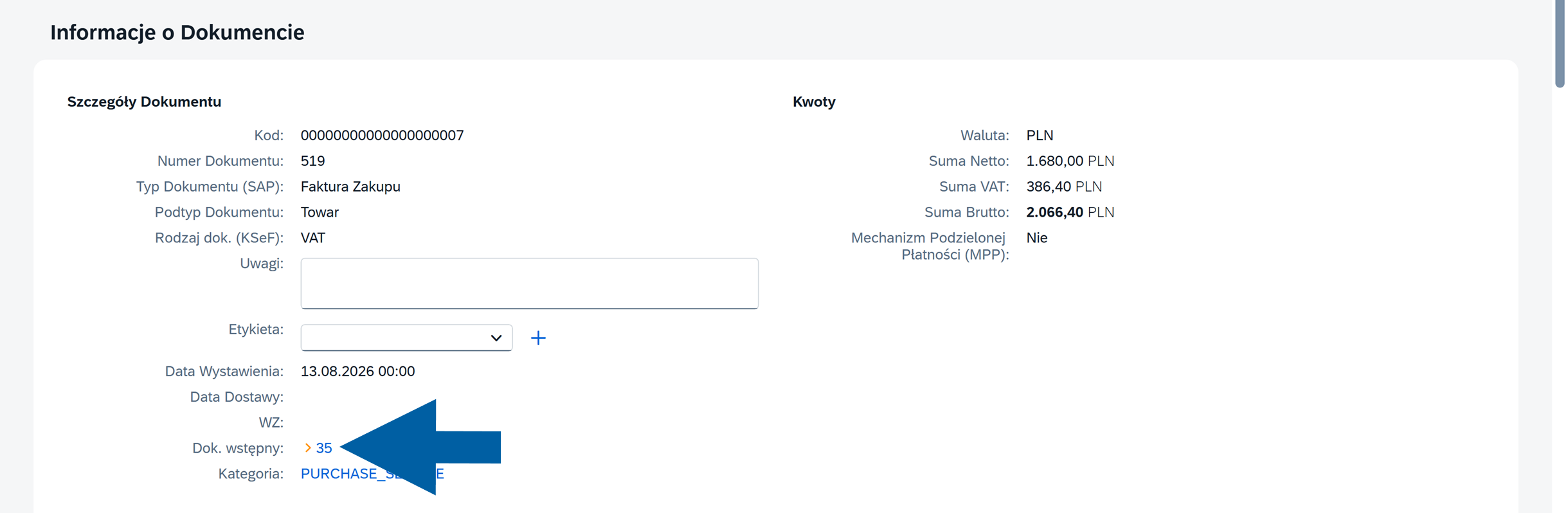 Incoming invoice screen showing the linked SAP Business One draft document number