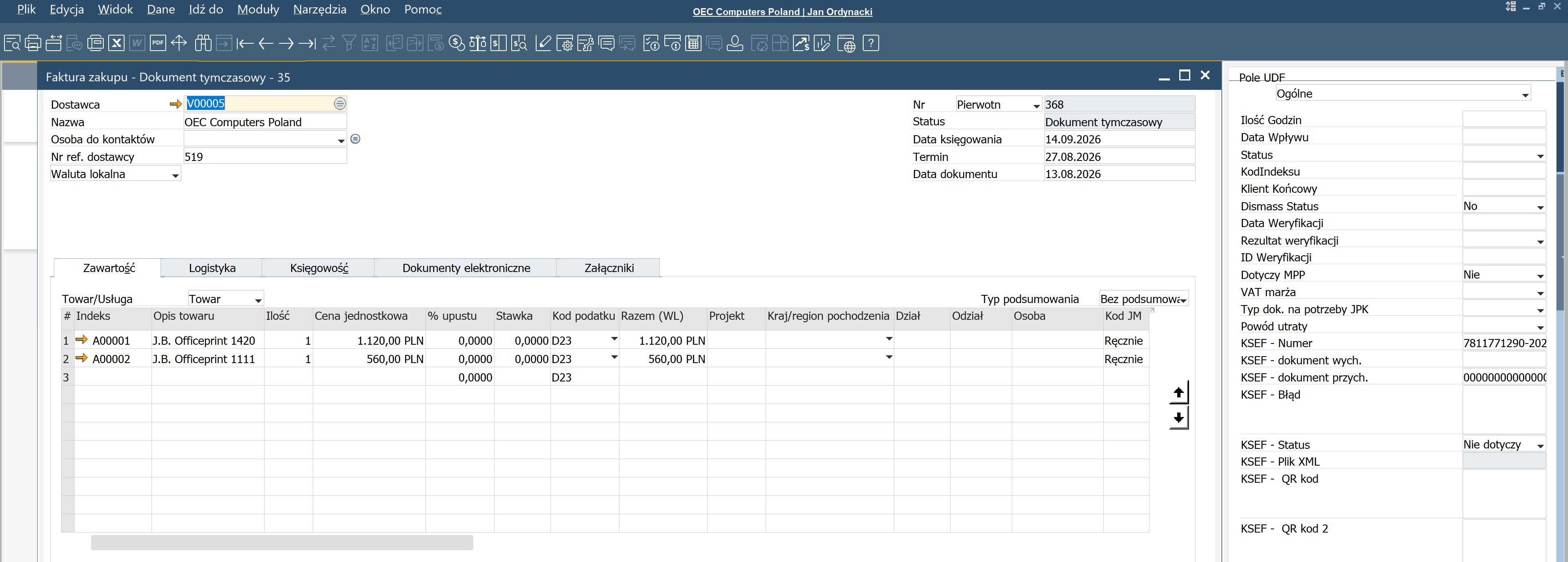 SAP Business One A/P invoice draft showing the document details