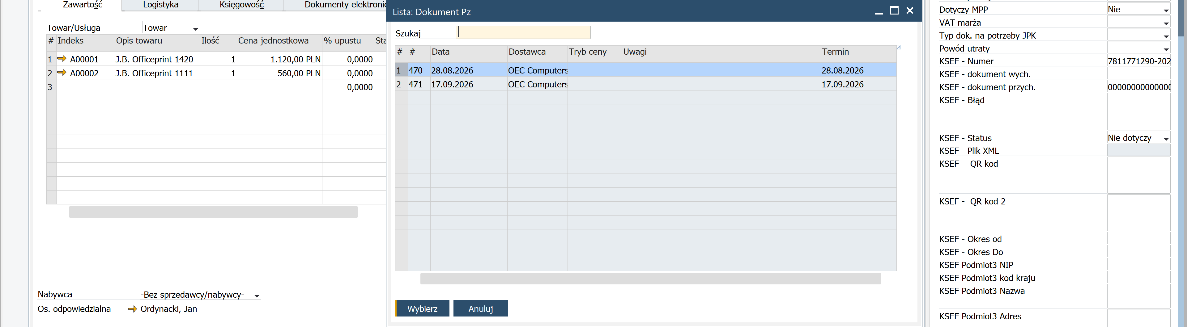 SAP Business One list of purchase orders with the Choose button