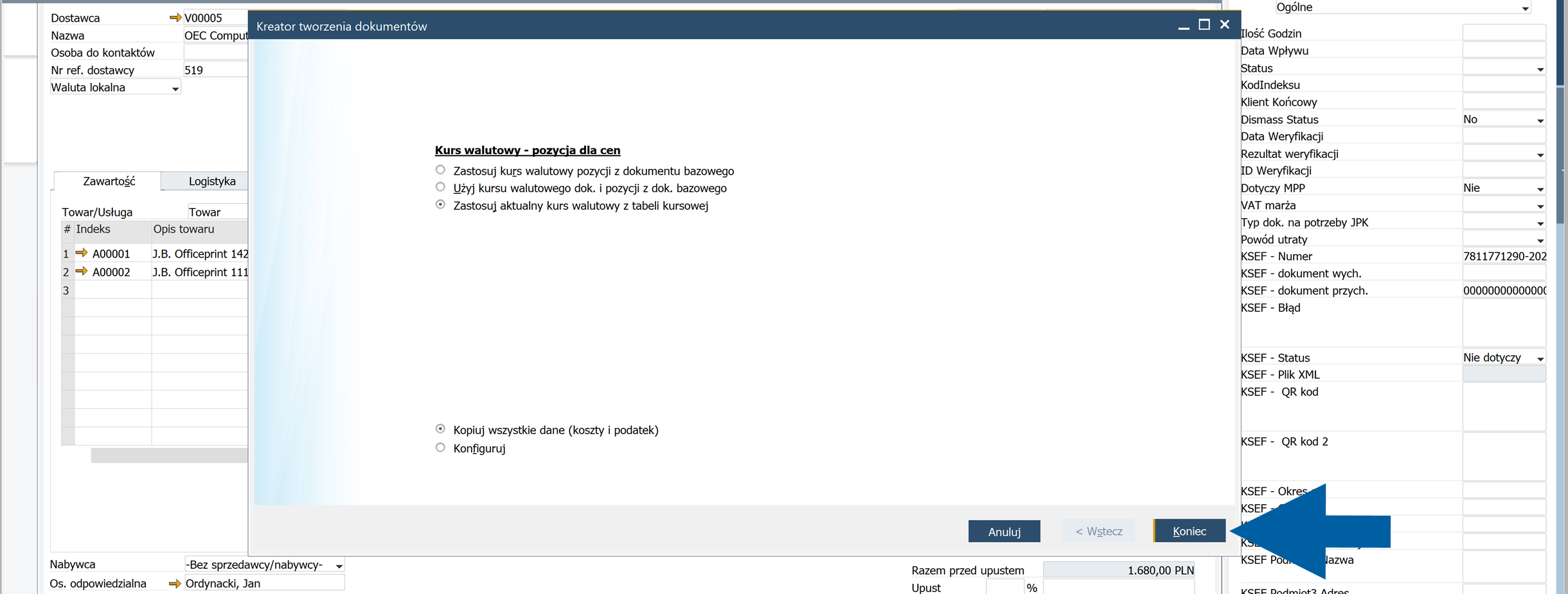 SAP Business One draft showing the updated document after changes