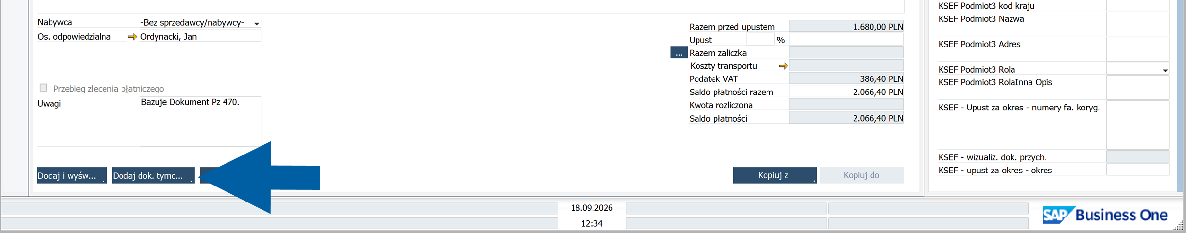 SAP Business One draft with the Add a draft button