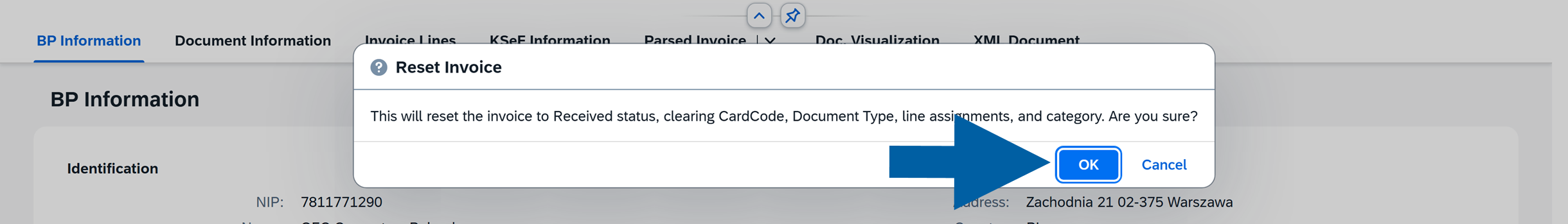 Confirmation dialog for resetting the incoming invoice to Received