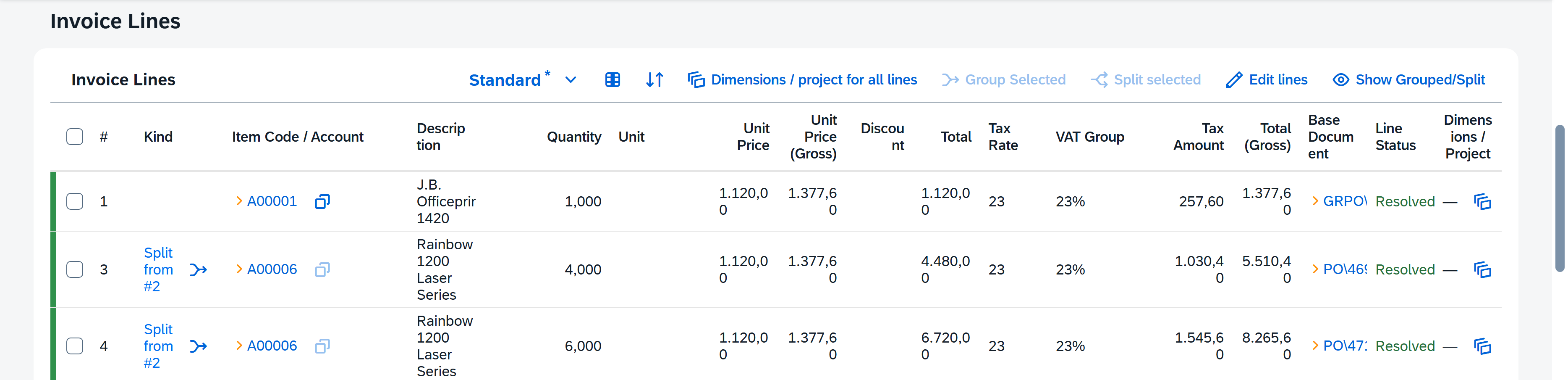 Invoice line split and matched with different base documents