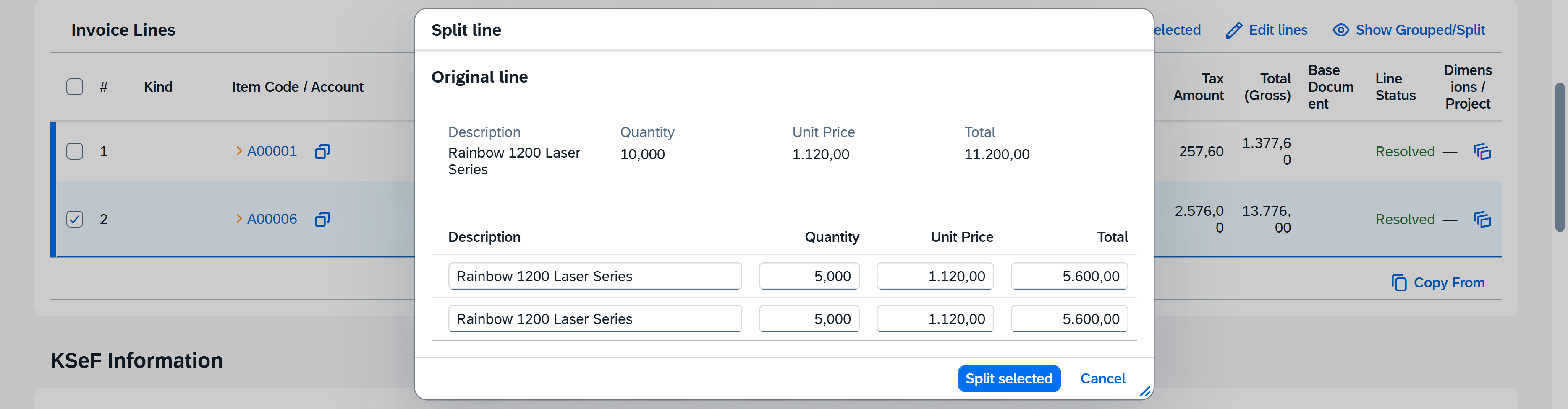 Specify quantities for the split lines