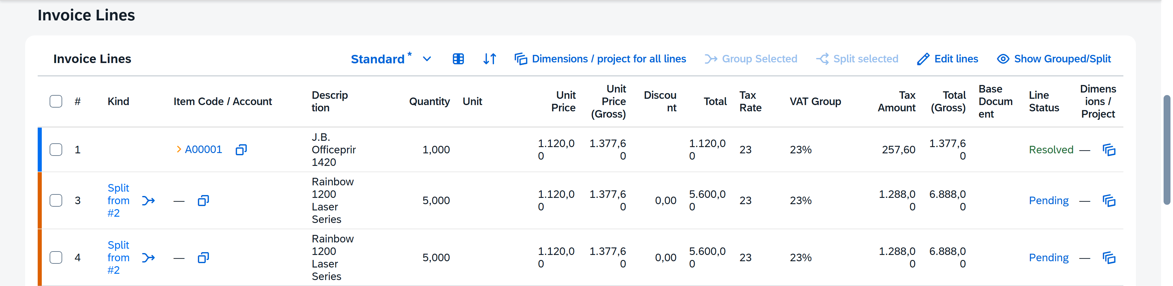 Invoice Lines showing the split lines