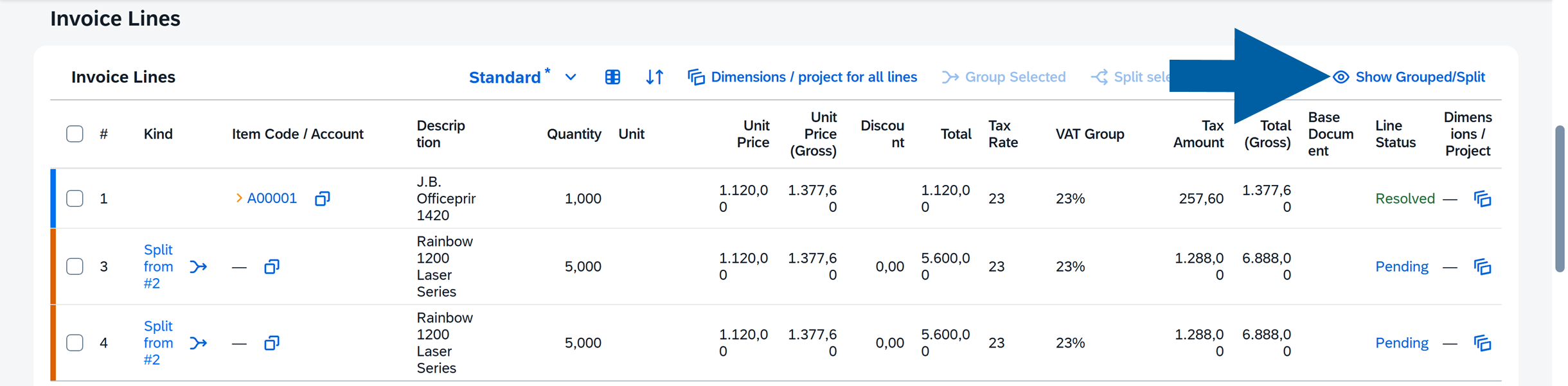 Show Grouped Split action