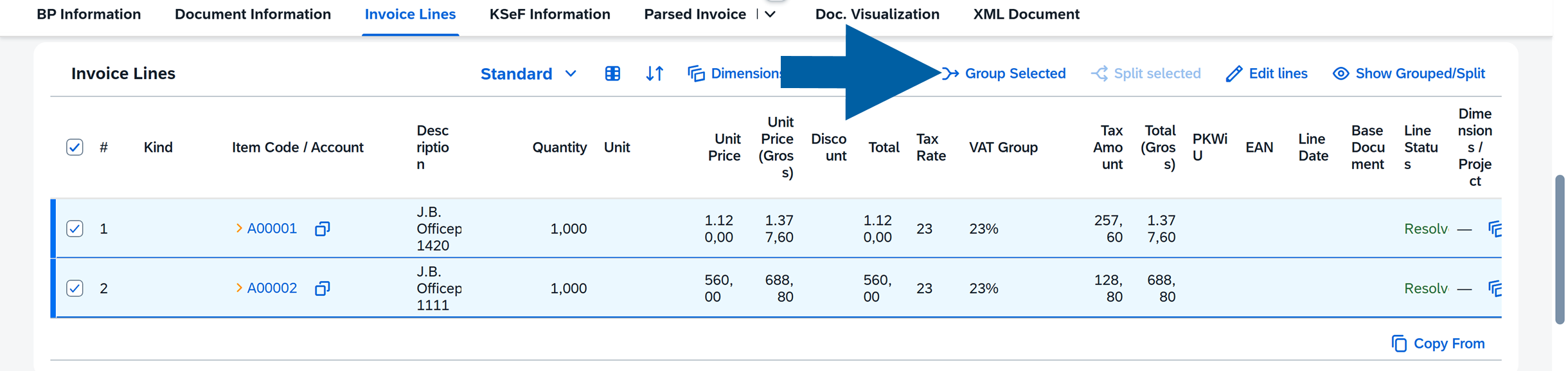 Invoice Lines screen in the KSeF invoice details page, where two invoice lines are selected and the Group Selected toolbar action is highlighted by a large blue arrow. The toolbar also shows Dimensions / project, Split selected, Edit lines, and Show Grouped/Split; the table displays item codes A00001 and A00002 with quantities, prices, tax details, line statuses, and base document columns.