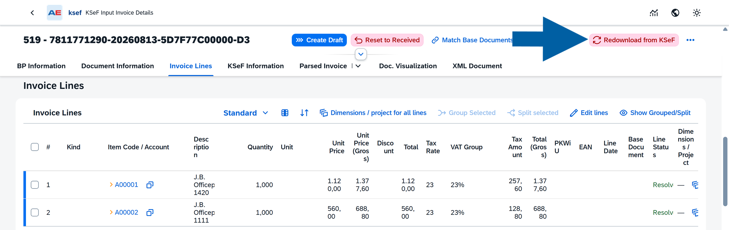 KSeF Input Invoice Details screen showing the Invoice Lines tab and a prominent blue arrow pointing to the Redownload from KSeF button in the top toolbar