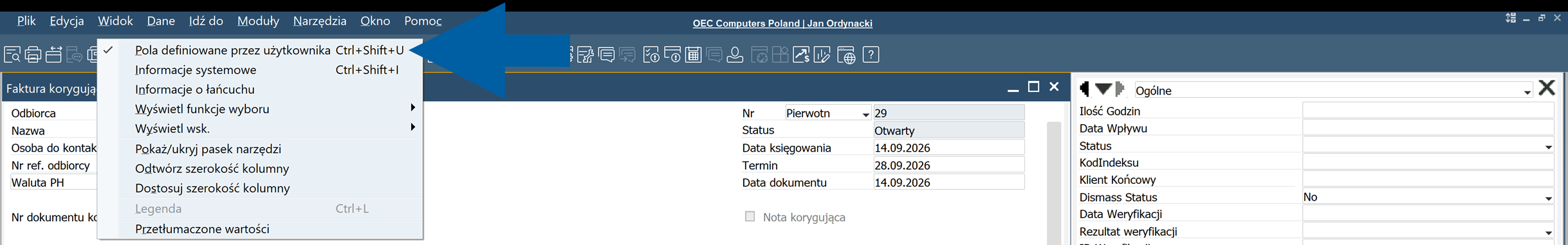 SAP Business One UDF Fields panel with the user-defined field KSEF-Upust za okres-numery fa.koryg. highlighted in the menu, showing a list of fields in Polish with the menu command Pola definiowane przez użytkownika Ctrl+Shift+U and the invoice form on the right. The interface has a dark blue top bar, a navigation menu, and a large window with a left panel listing invoice-related fields and a right panel displaying document information. The overall tone is professional and functional.