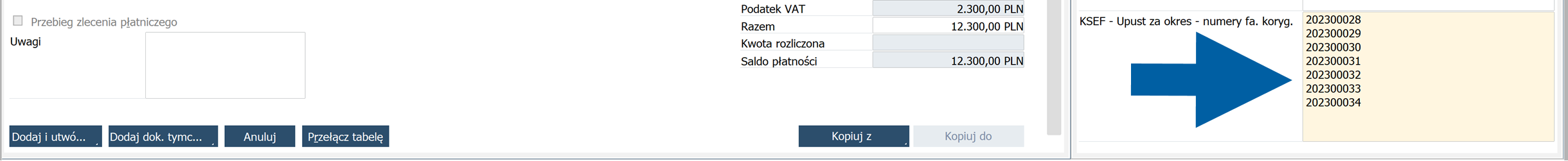 SAP Business One invoice form showing the KSEF field KSEF - Upust za okres - numery fa. koryg. on the right side, with a list of invoice numbers 202300028, 202300029, 202300030, 202300031, 202300032, 202300033, and 202300034 in a beige panel. The left side shows a payment terms area and action buttons in the SAP interface, with a professional, functional business environment and a neutral tone.