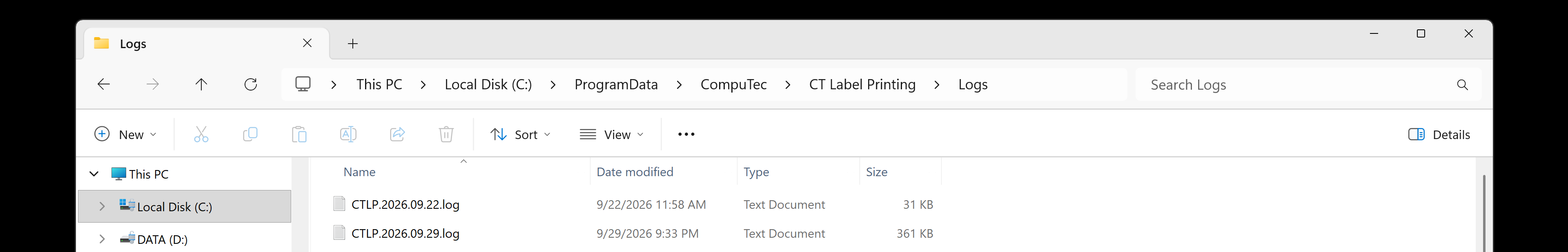 File Explorer showing the CompuTec Labels log files in the Logs folder