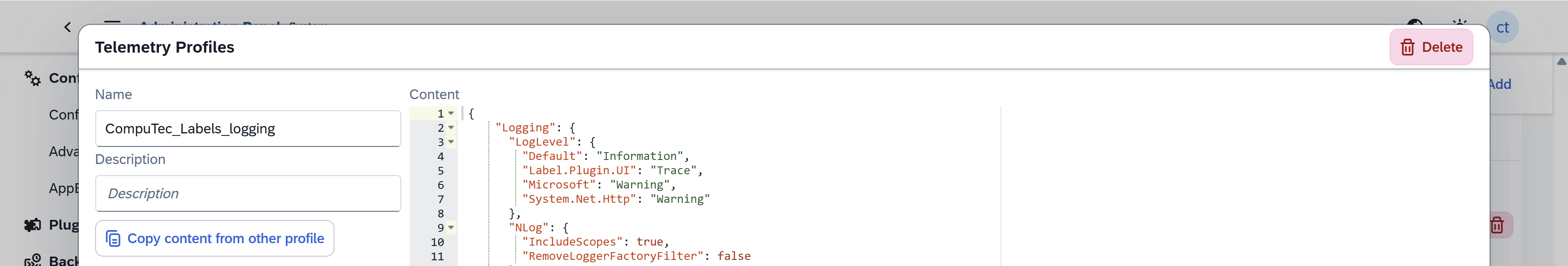 Telemetry profile form with the detailed logging configuration entered in the content field