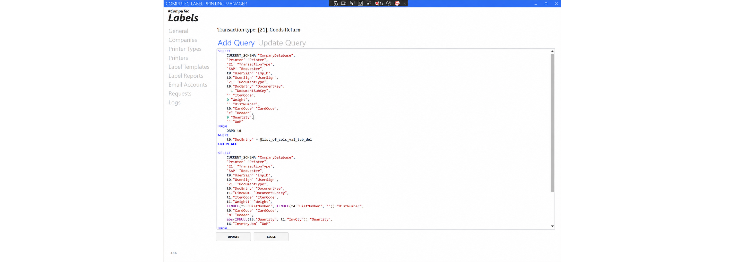 Add Query screen in CompuTec Labels showing a SQL editor with highlighted SELECT and FROM clauses and a left navigation pane listing sections such as General and Companies