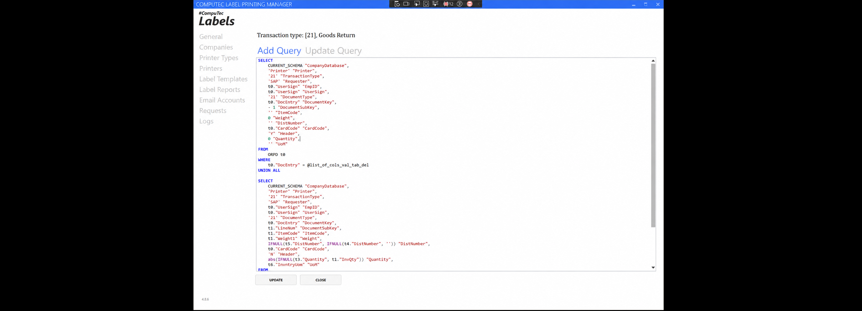 Add Query screen in CompuTec Labels showing a SQL editor with highlighted SELECT and FROM clauses and a left navigation pane listing sections such as General and Companies