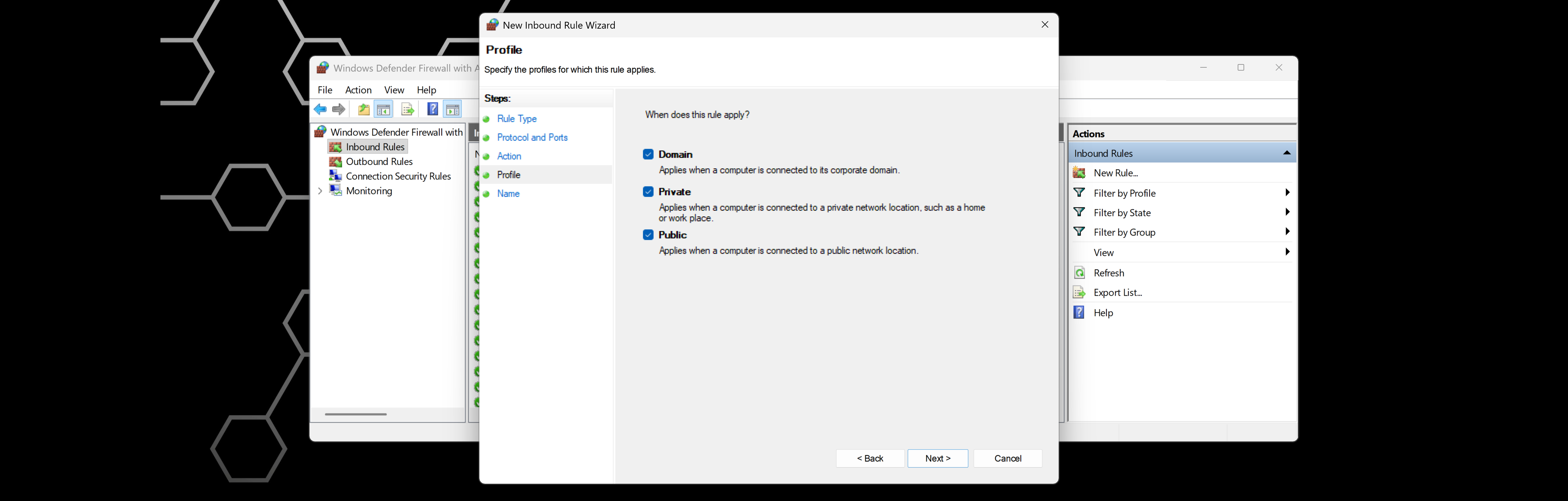 New Inbound Rule wizard page with Domain Private and Public profiles selected and Next button visible