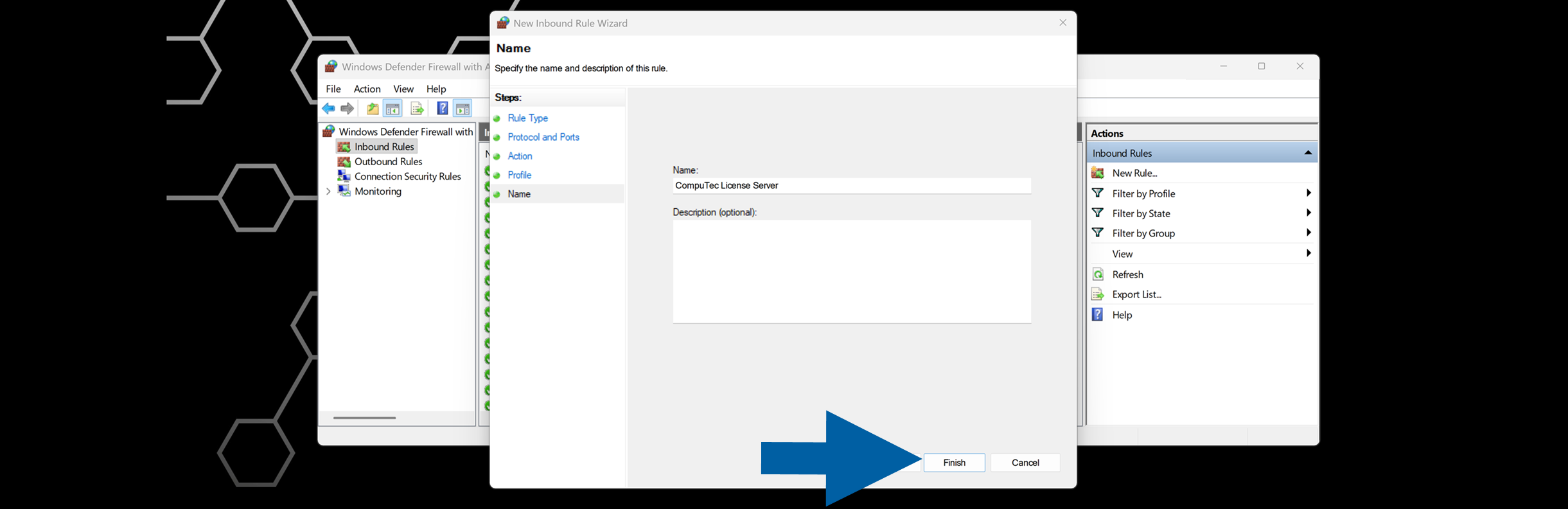 New Inbound Rule wizard page prompting for the rule name with Finish button ready to complete the setup