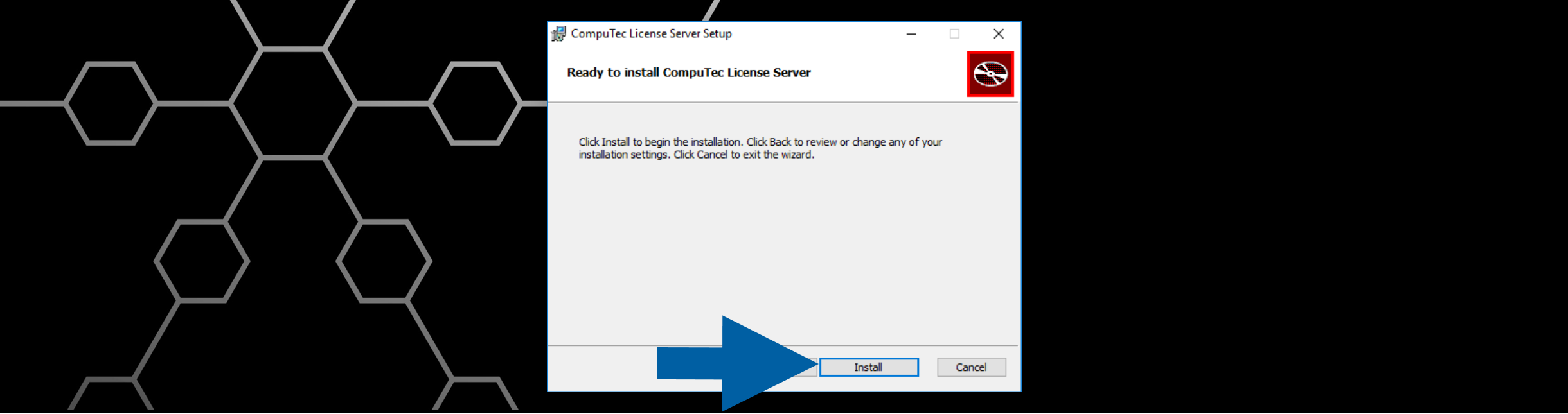 CompuTec License Server Setup wizard ready to install CompuTec License Server with Install and Cancel buttons visible on a hexagonal patterned desktop background