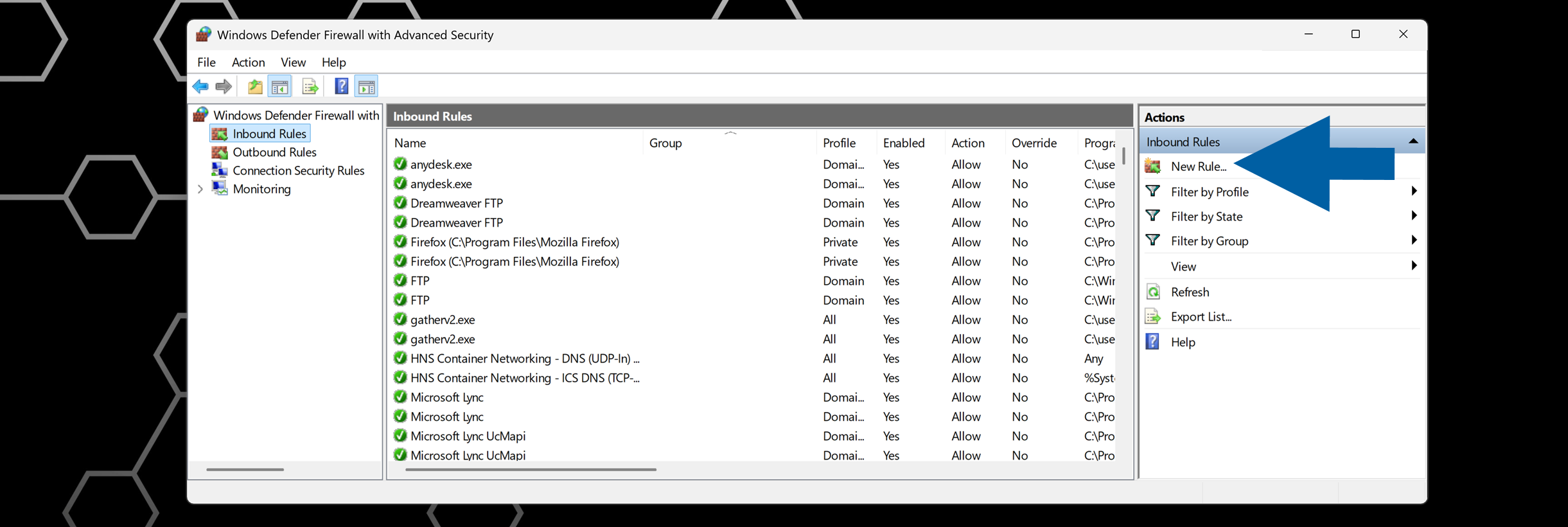 Windows Defender Firewall with Advanced Security showing New Rule command in the Inbound Rules pane and the New Rule wizard available