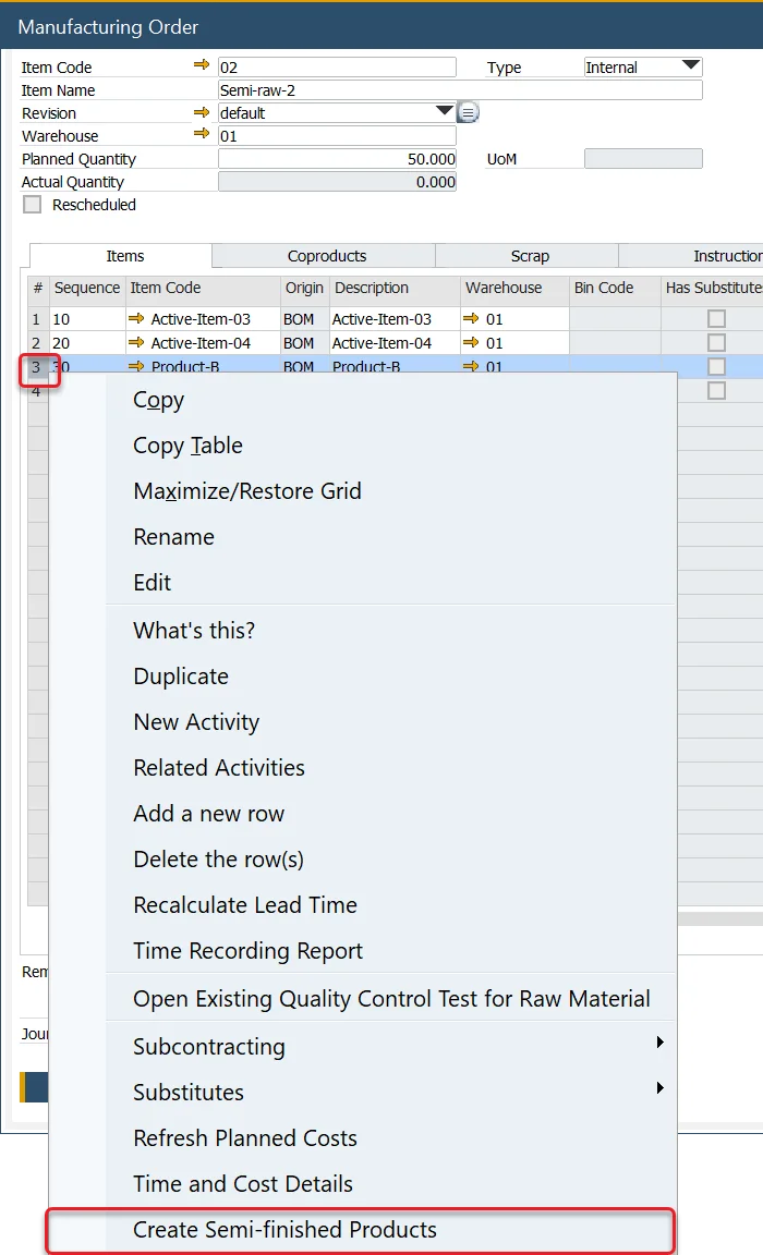 Manufacturing Order Create Semi-Finished