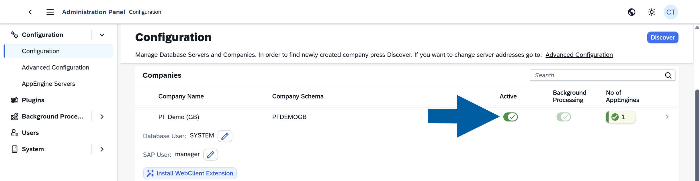 a green toggle next to the company name indicates that it's active