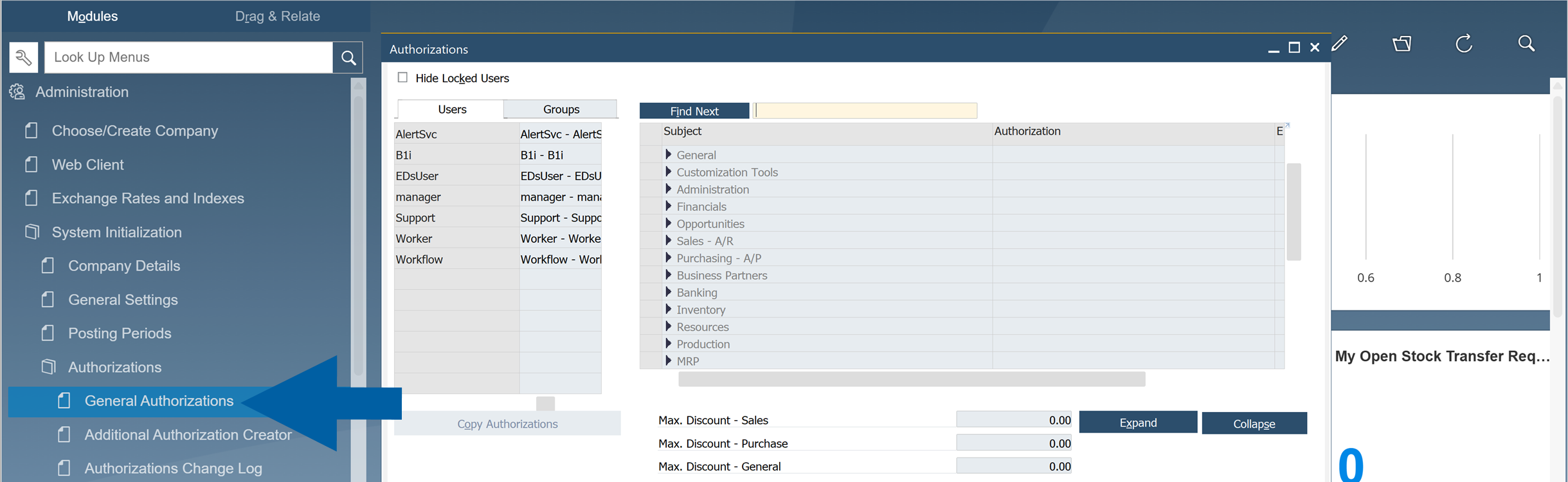 navigation to general authorizations tab in sap business one