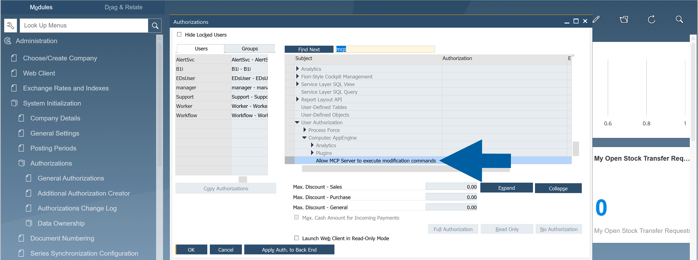 Allow MCP Server to execute modification commands authorization in sap budiness one